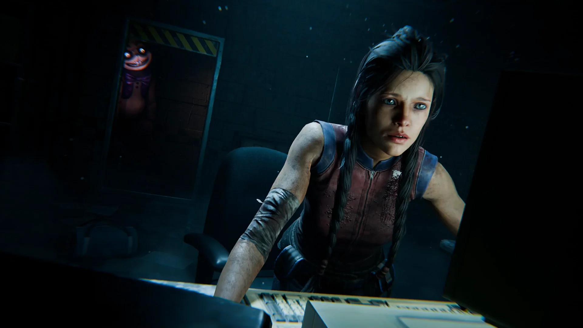 A survivor watched by an animatronic figure