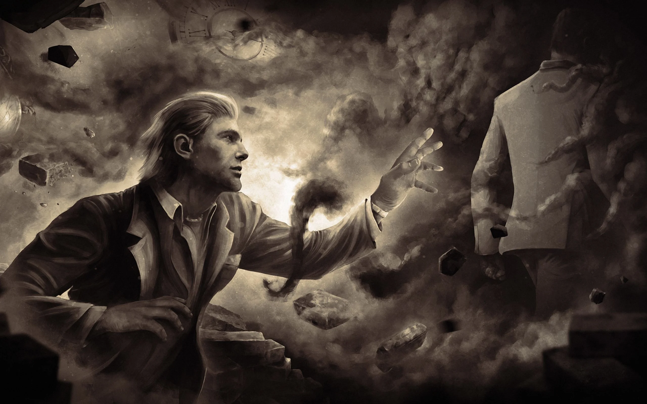 A survivor reaching toward a spectral figure